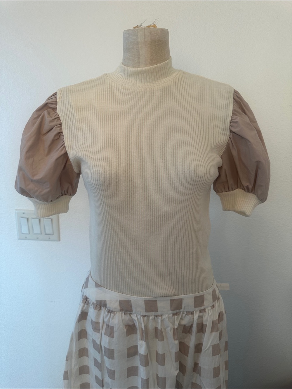 Zara Cream Ribbed Mock Neck Top with Taupe Puff Sleeves